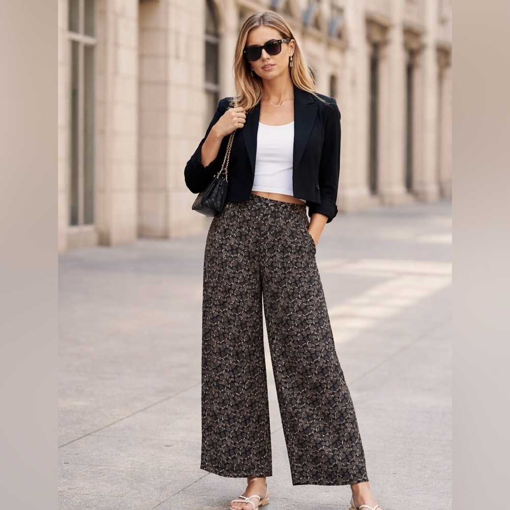 90s Y2K Boho Chic Wide Leg Palazzo Pants Black Floral Print 10